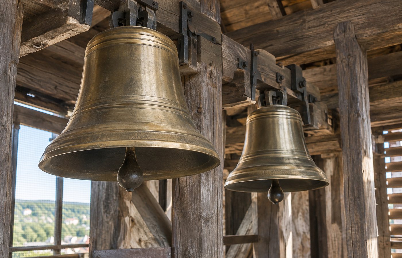 Due campane di ottone senza iscrizioni in un solaio di legno