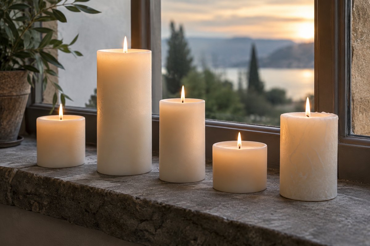 Cinque candele di diversa altezza su un davanzale di pietra, senza nomi