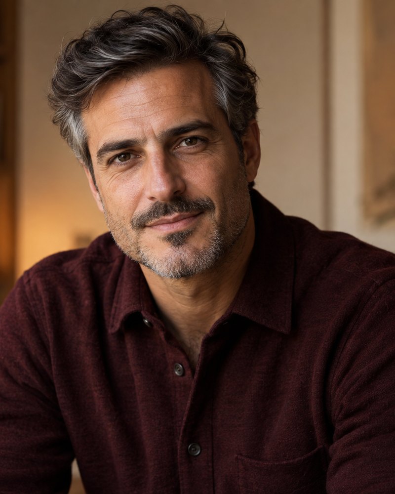 Luca Gonzati, camicia bordeaux, ritratto di studio