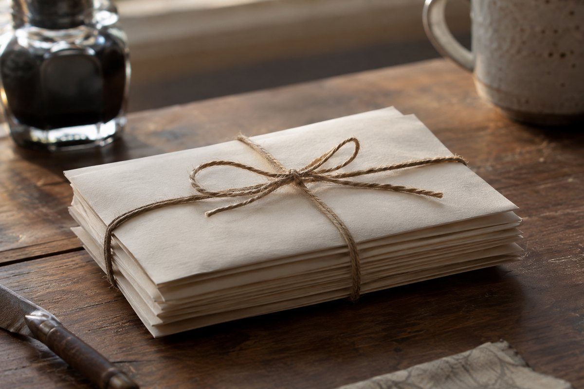 Mazzo di lettere piegate legate con spago, senza sigilli araldici